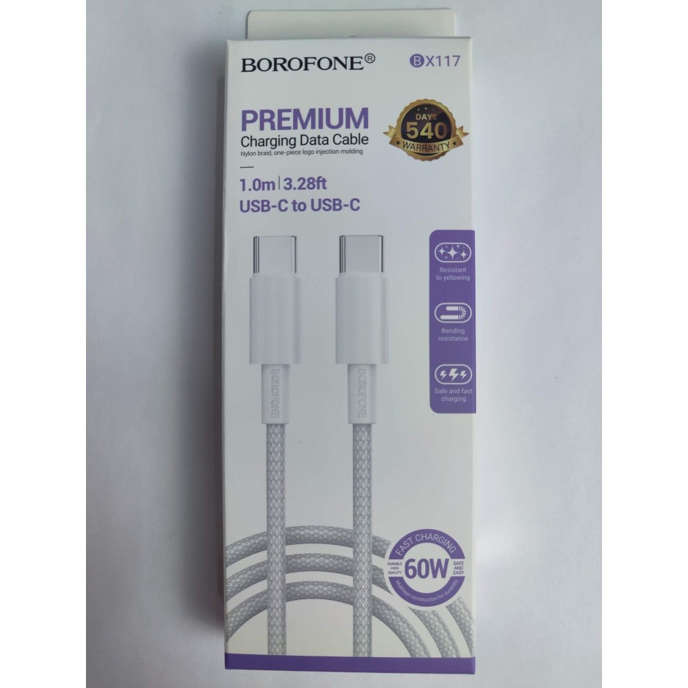 Кабель Type-C - Type-C BOROFONE BX117 (60W/1m/текстиль) белый