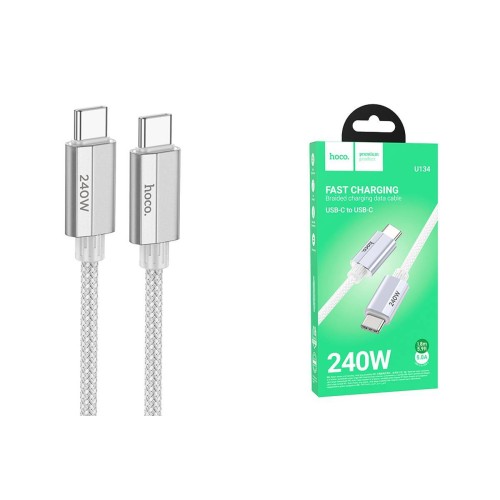 Кабель Type-C - Type-C HOCO U134 (240W/1,8m/текстиль) серый