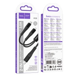 Кабель Type-C 2 в 1 Lightning/Type-C HOCO X123 (3A/1m/текстиль) черный