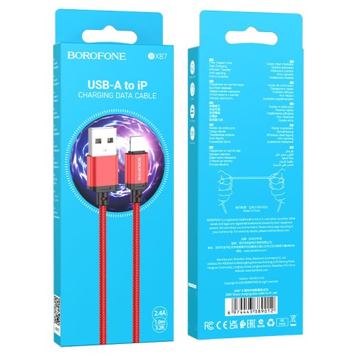 Кабель USB - Lightning BOROFONE BX87 (2.4A/1m/текстиль) красный