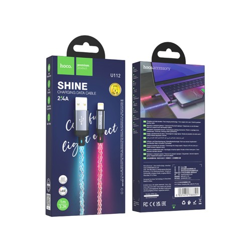 Кабель USB - Lightning HOCO U112 (2.4A/1m/светящийся) серый