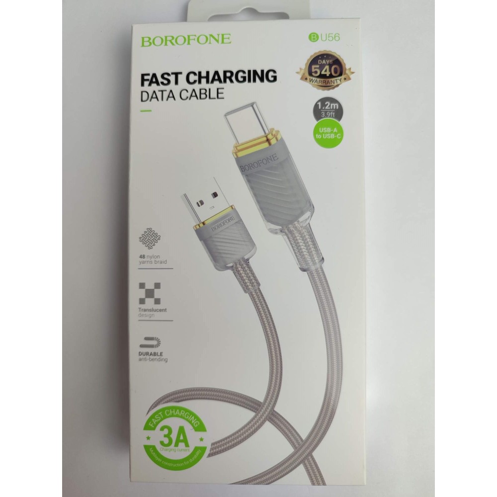 Кабель USB - Type-C BOROFONE BU56 (3A/1.2m/текстиль) серый