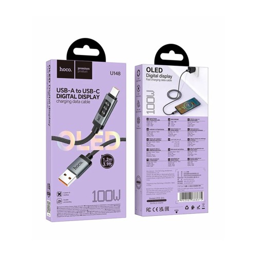 Кабель USB - Type-C HOCO U148 (5A/100W/1.2m/дисплей/текстиль) черный