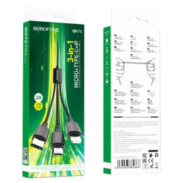Кабель USB 3 в 1 Lightning/Micro USB/Type-C BOROFONE BX72 (2A/1m/текстиль)черный