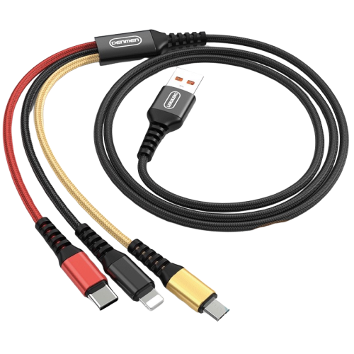 Кабель USB 3 в 1 Lightning/Micro USB/Type-C DENMEN D02E (2.4A/1m/текстиль) черный