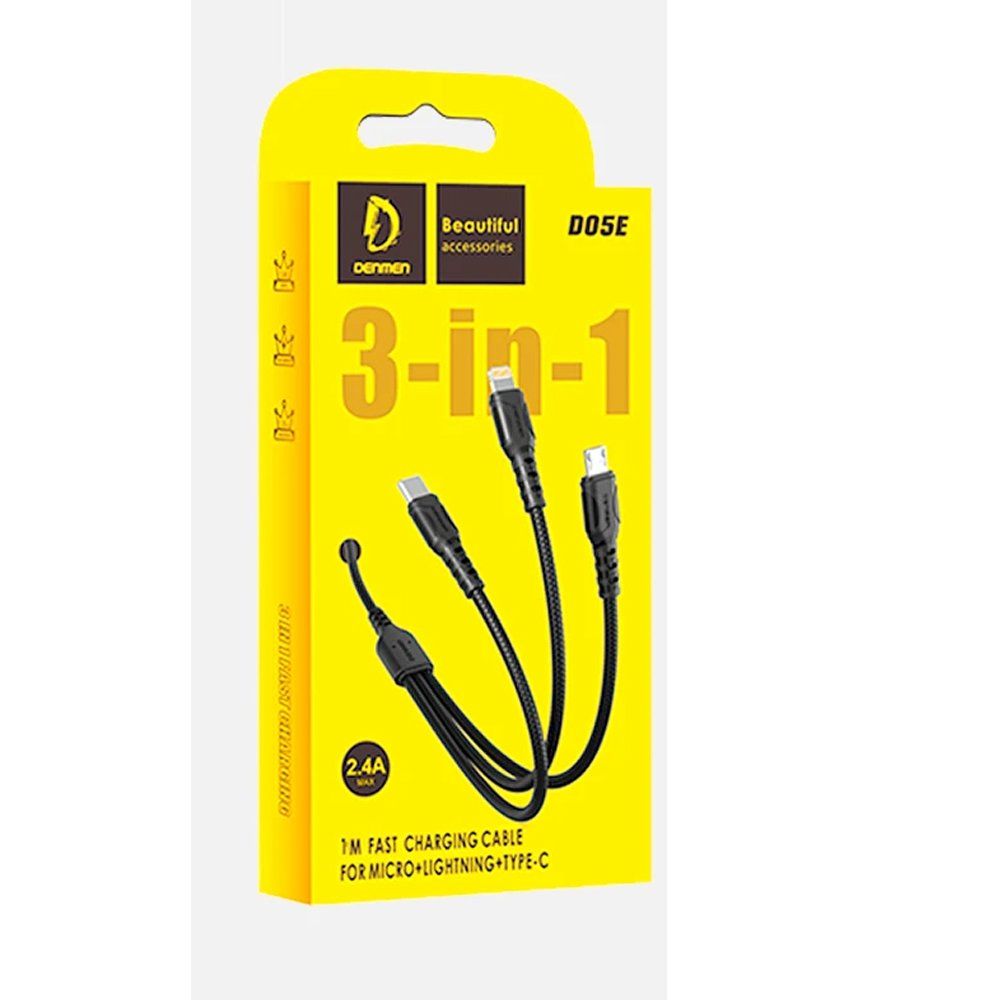 Кабель USB 3 в 1 Lightning/Micro USB/Type-C DENMEN D05E (2.4A/1m/текстиль) черный