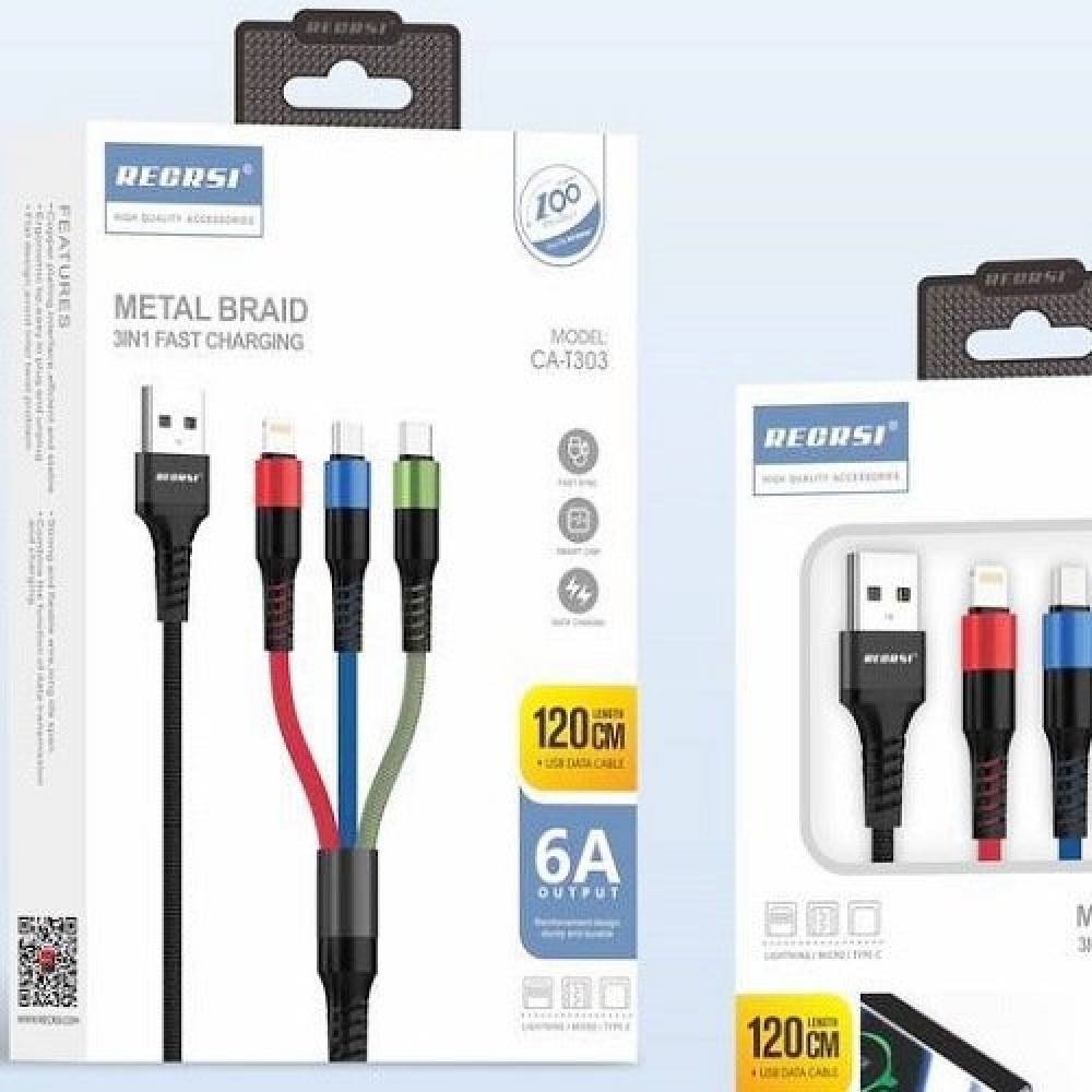 Кабель USB 3 в 1 Lightning/Micro USB/Type-C RECRSI CA-T303 (6A/1.2m/текстиль) черный