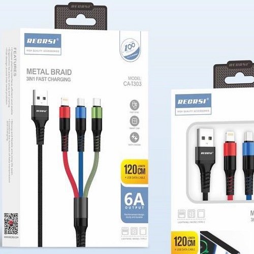 Кабель USB 3 в 1 Lightning/Micro USB/Type-C RECRSI CA-T303 (6A/1.2m/текстиль) черный