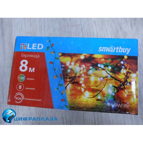 LED гирлянда SMARTBUY с контроллером, RGB, 8m, 120 диодов, IP20, зеленый провод