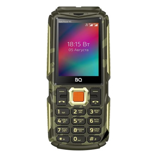 Надежный мобильный телефон BQ 2410L Tank Power в стильном камуфляжно-золотом исполнении