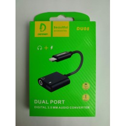 Переходник Lightning - 3,5 выход + Lightning выход DENMEN DU08 (10см) черный