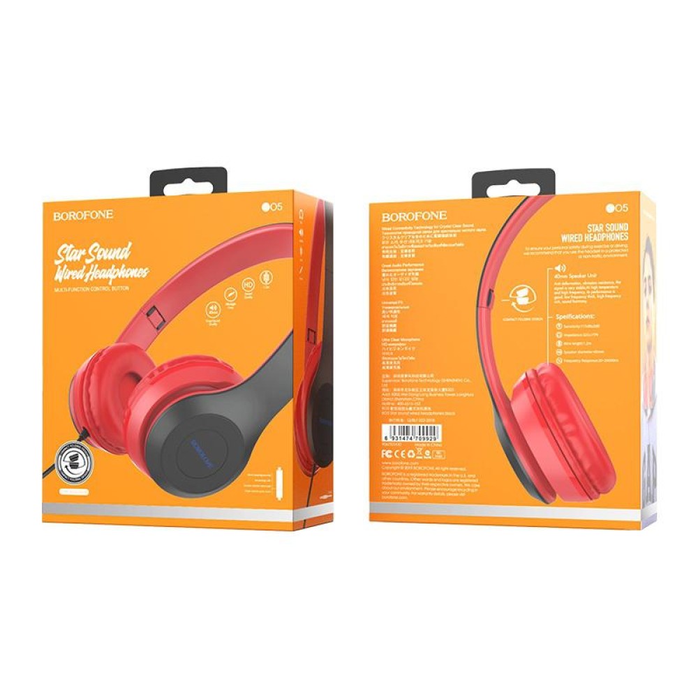 Полноразмерные беспроводные наушники BOROFONE BO5 (12 ч/250 mAh/Bluetooth/AUX) красные