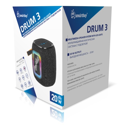 Портативная колонка SMARTBUY DRUM 3 (Bluetooth/FM/USB/20Вт/подстветка)  черная