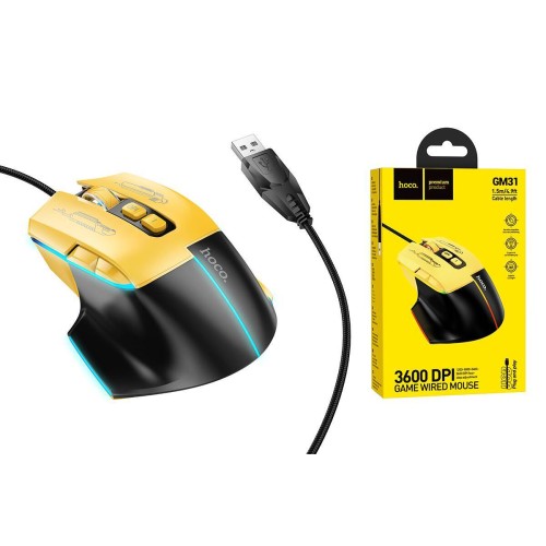 Проводная мышь игровая HOCO GM31 RGB черно-желтая