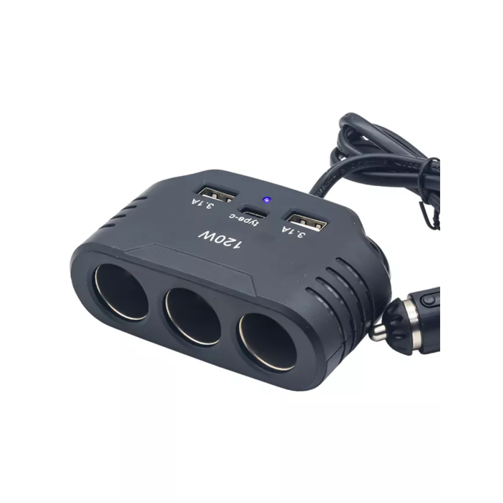 Разветвитель гнезда прикуривателя на 3 устройства (2USB/3.1A/PD/120W) 2011 черный