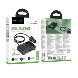 Разветвитель гнезда прикуривателя на 3 устройства HOCO Z64 (2USB 2.4A/PD 3.4A/240W/дисплей) черное