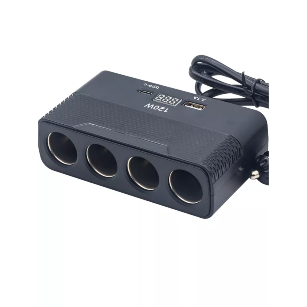 Разветвитель гнезда прикуривателя на 4 устройства (1USB/3.1A/PD/120W/дисплей) 2014 черный