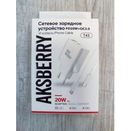 Сетевое ЗУ AKSBERRY T43 + кабель Lighting (PD/20W/QC 3.0) белое