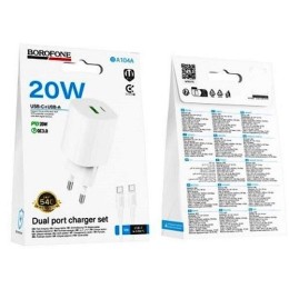 Сетевое ЗУ BOROFONE BA104A + кабель Type-C/Type-C (USB QC3.0/PD 20W) белое