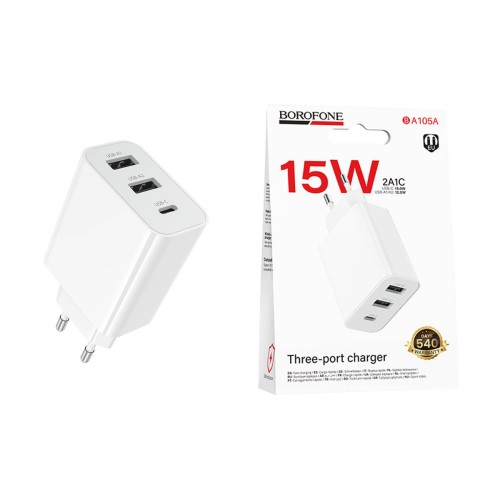 Сетевое ЗУ BOROFONE BA105A (2USB 2.4A/PD 15W/3A) белое