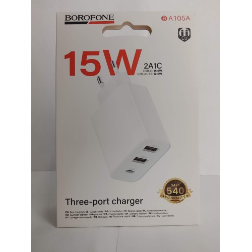 Сетевое ЗУ BOROFONE BA105A (2USB 2.4A/PD 15W) белое