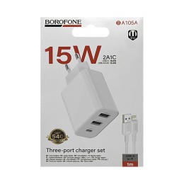 Сетевое ЗУ BOROFONE BA105A + кабель Lightning (2USB/2.4A/PD15W) белое