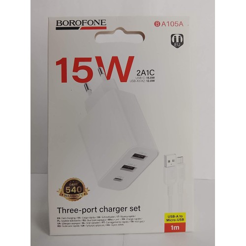 Сетевое ЗУ BOROFONE BA105A + кабель Micro USB (2USB 2.4A/PD 15W) белое