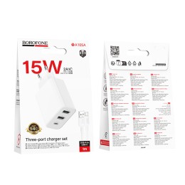 Сетевое ЗУ BOROFONE BA105A + кабель Type-C (2USB 2.4A/PD 15W 3A) белое