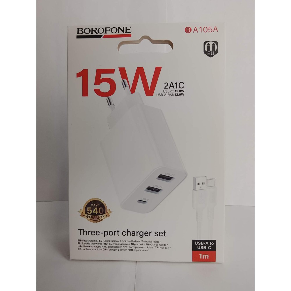 Сетевое ЗУ BOROFONE BA105A + кабель Type-C (2USB 2.4A/PD 15W) белое
