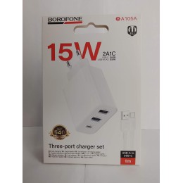 Сетевое ЗУ BOROFONE BA105A + кабель Type-C (2USB 2.4A/PD 15W) белое