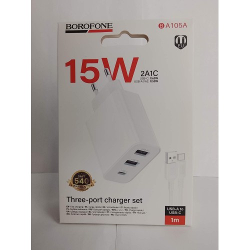 Сетевое ЗУ BOROFONE BA105A + кабель Type-C (2USB 2.4A/PD 15W) белое
