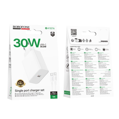 Сетевое ЗУ BOROFONE BA107A + кабель Type-C/Type-C (PD 30W) белое