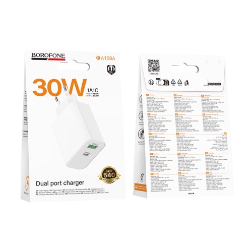 Сетевое ЗУ BOROFONE BA108A (USB QC3.0/PD 30W) белое