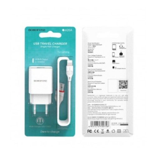Сетевое ЗУ BOROFONE BA20A + кабель Lightning (USB/2.1A) белое
