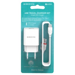 Сетевое ЗУ BOROFONE BA20A + кабель Type-C (1USB/2.1A) белое