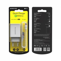 Сетевое ЗУ BOROFONE BA21A + кабель Type-C (USB QC3.0/18W/3A) белое