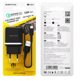 Сетевое ЗУ BOROFONE BA36A + кабель Micro USB (1USB/QC 3.0/18W) черное