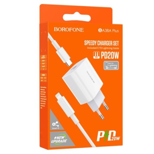 Сетевое ЗУ BOROFONE BA38A Plus + кабель Lightning/Type-C (20W/PD/3A) белое