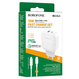 Сетевое ЗУ BOROFONE BA46A + кабель Lightning/Type-C (USB QC3.0/PD 18W/3A) белое