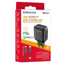 Сетевое ЗУ BOROFONE BA46A + кабель Lightning/Type-C (USB QC3.0/PD 18W) черное
