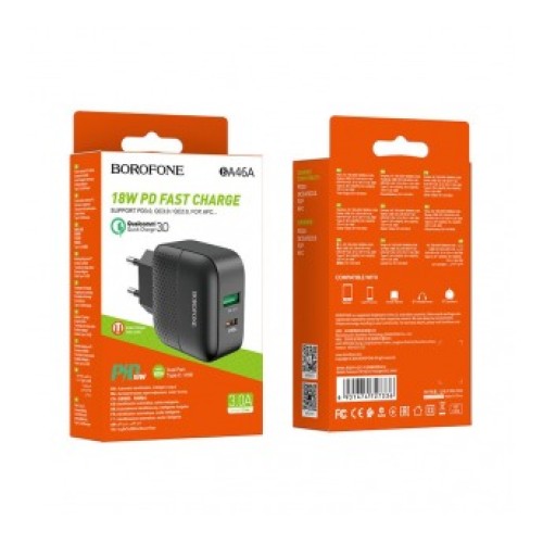 Сетевое ЗУ BOROFONE BA46A (USB QC3.0/PD 18W) черное
