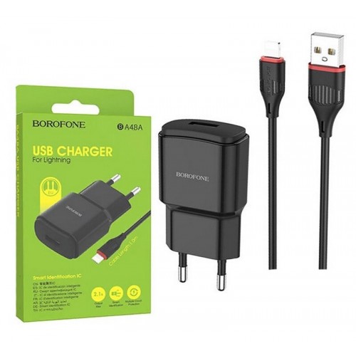 Сетевое ЗУ BOROFONE BA48A + кабель Lightning (1USB/2.1A) черное