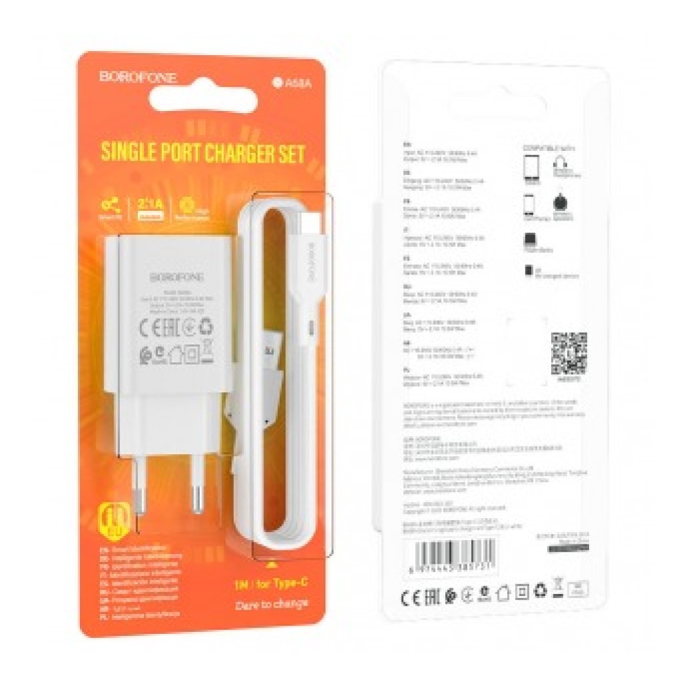 Сетевое ЗУ BOROFONE BA68A + кабель Type-C (1USB/2.1A) белое
