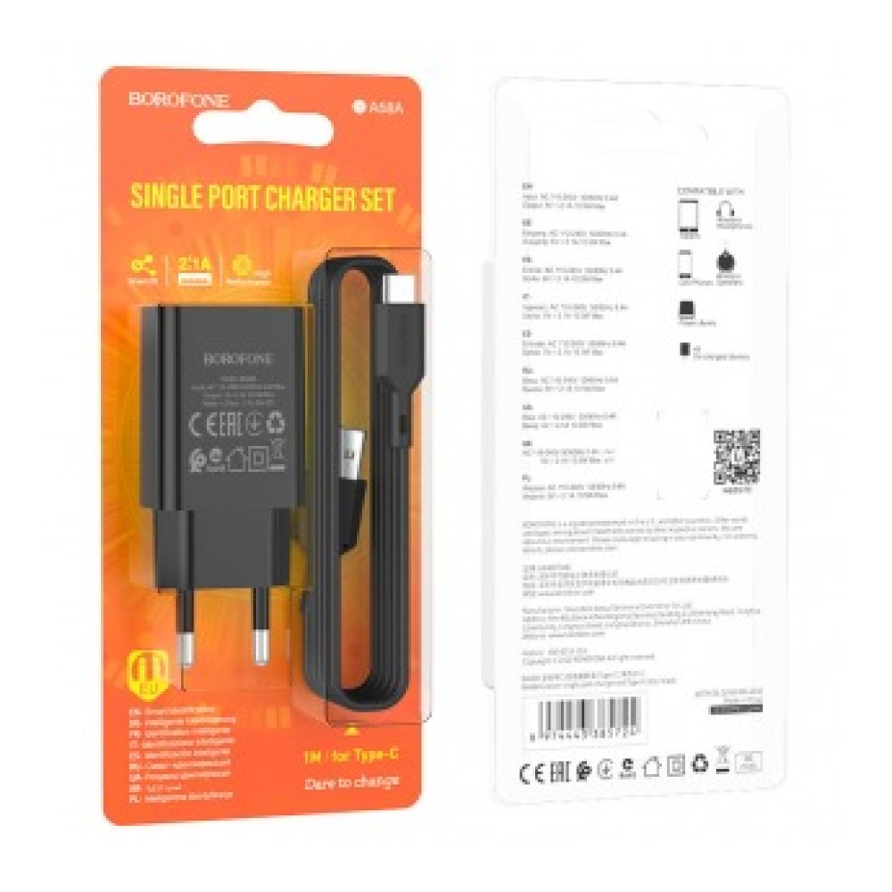 Сетевое ЗУ BOROFONE BA68A + кабель Type-C (USB/2.1A) черное