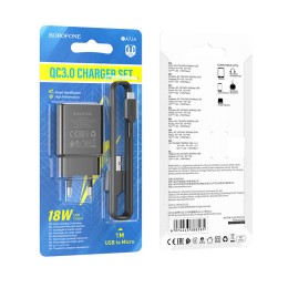 Сетевое ЗУ BOROFONE BA72A + кабель Micro USB (USB QC3.0/18W/3A) черное