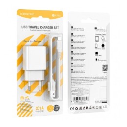 Сетевое ЗУ BOROFONE BA74A + кабель Lightning (USB/2.1A) белое