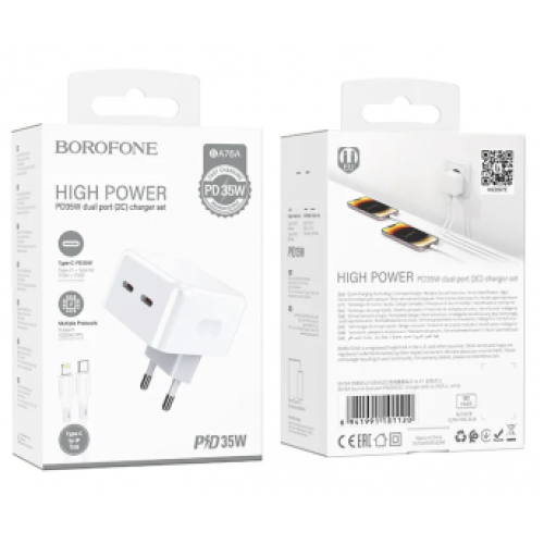 Сетевое ЗУ BOROFONE BA76A (PD35W(17.5W+17.5W)/2USB-C) белое