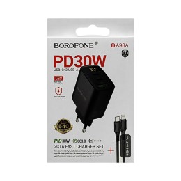 Сетевое ЗУ BOROFONE BA98A + кабель Lightning/Type-C (USB QC3.0/2PD 30W/дисплей) черное