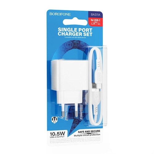 Сетевое ЗУ BOROFONE BAS11A + кабель Type-C (USB/2.1A/10.5W) белое