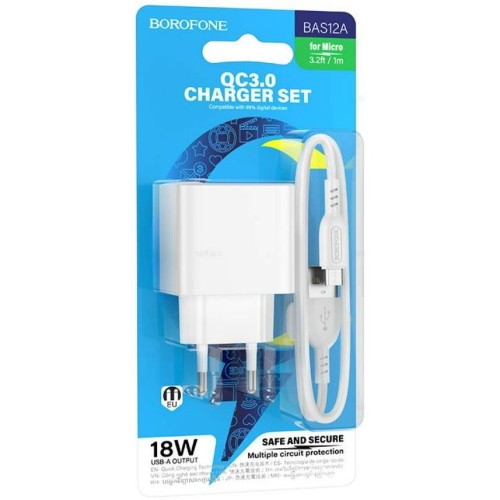 Сетевое ЗУ BOROFONE BAS12A + кабель Micro USB (USB QC3.0/18W) белое